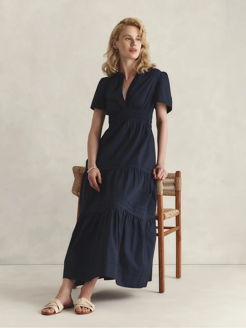 Quince 100% Organic Cotton Poplin Tiered Maxi Dress in navy